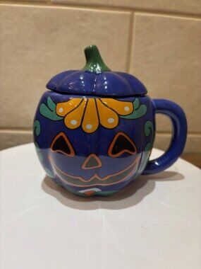 Pumpkin Day of the Dead Lidded Mug. Halloween, Cute Scary With Lid